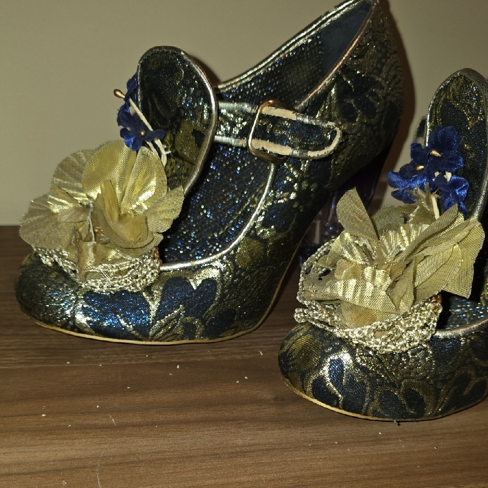 Irregular Choice Gold And Blue Floral Heels View 5